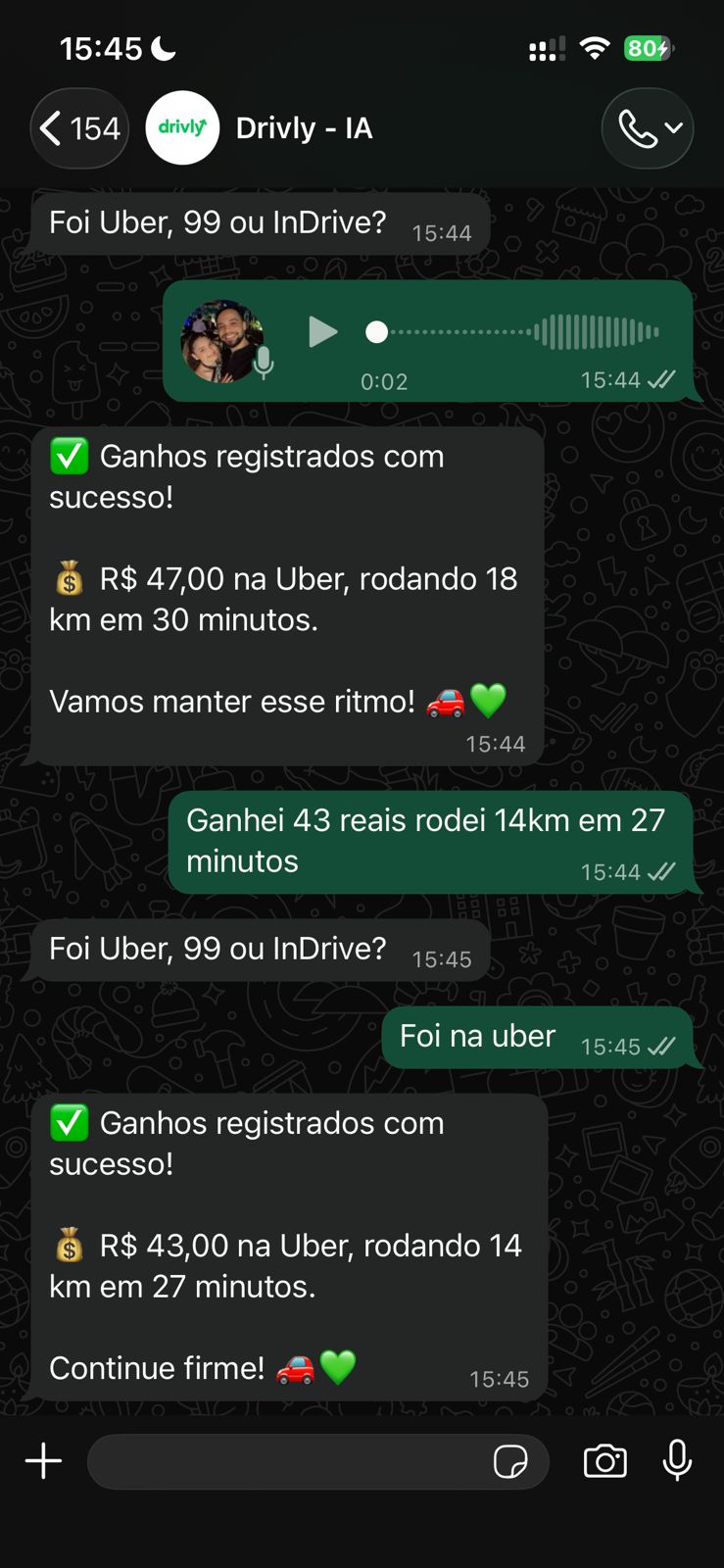 Conversa real no WhatsApp com a IA do Drivly registrando ganhos de corridas
